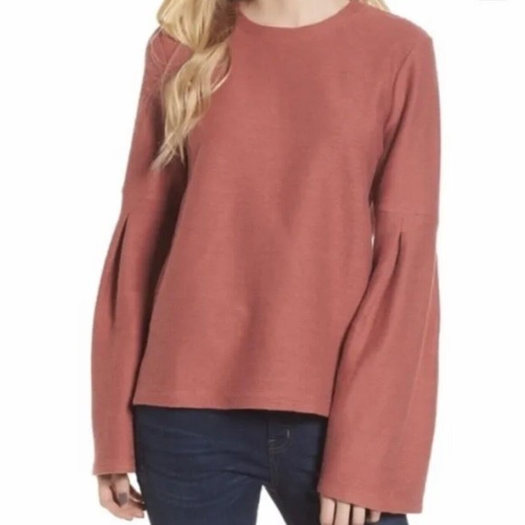 MADEWELL Sweater Ribbed Salmon Mauve Round Neckline Bell Balloon Sleeve Sz XL - Picture 1 of 7